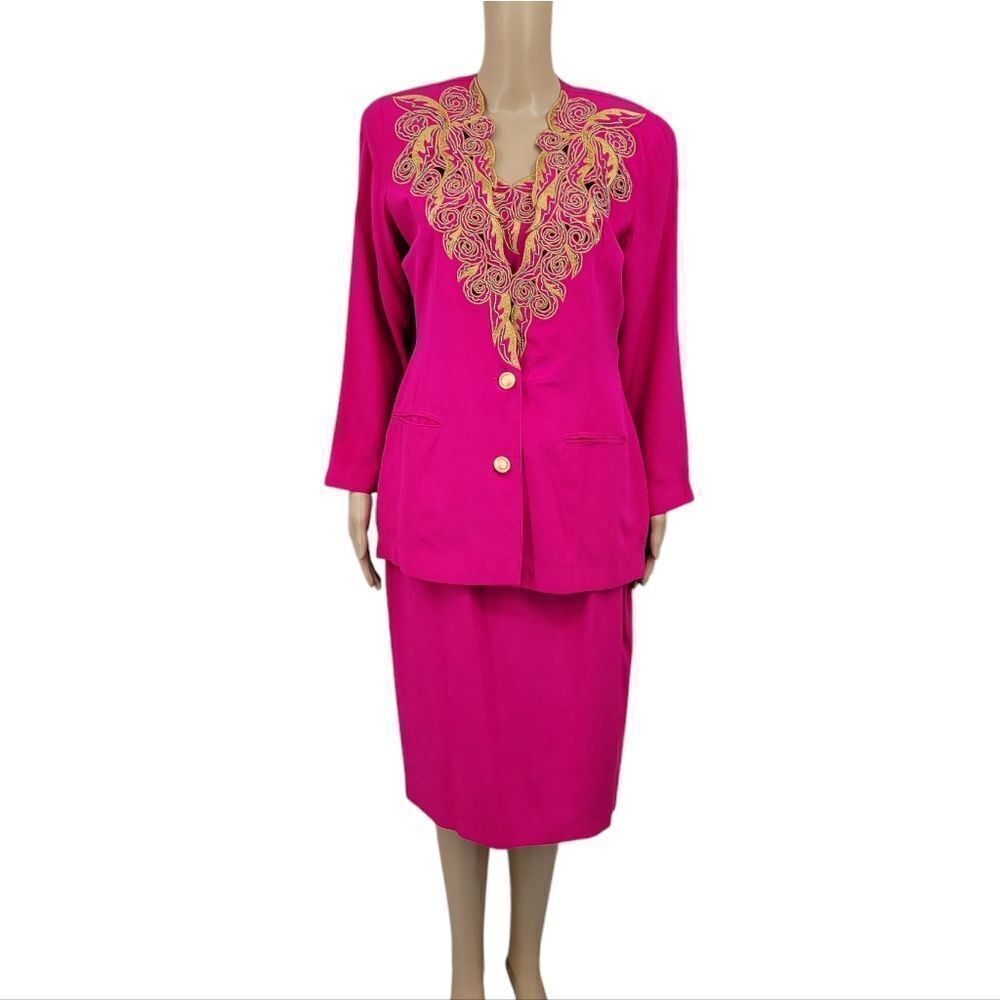 Silk Anne French Vintage Hot Pink Suit Skirt 3pc Matching Set Gold Embroidery